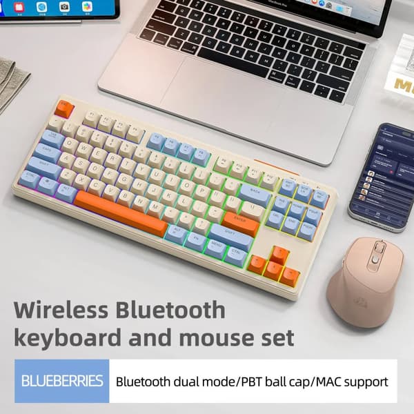 Trådlöst Bluetooth-tangentbord, 87-tangents layout, Bluetooth dubbel läge, PBT-tangenter,Blåbärsset