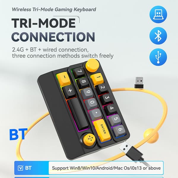 INF RGB Trådløst Mekanisk Gaming Tastatur med Makroer og Volumenkontrol Sort+gul