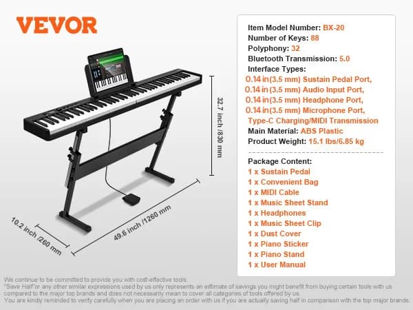 Bærbar elektronisk keyboard, Bluetooth-forbindelse, 61/88 taster, dual output,88 taster med stativ