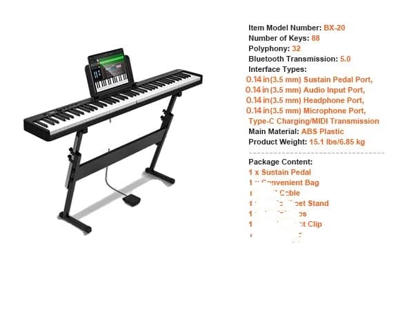 Bærbar elektronisk keyboard, Bluetooth-forbindelse, 61/88 taster, dual output,88 taster med stativ