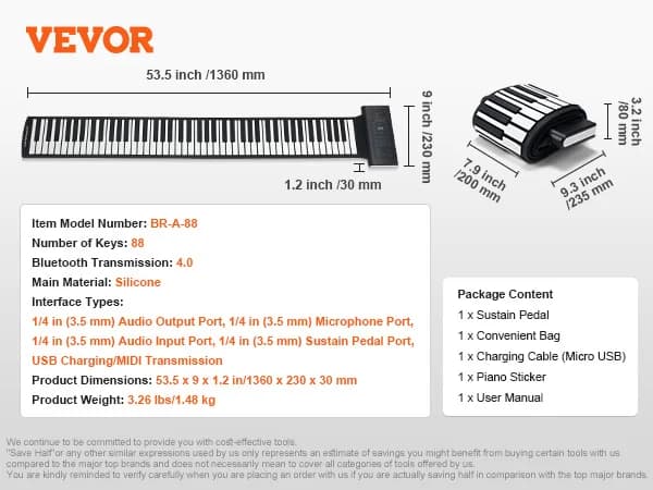VEVOR Rullpiano, 88 tangenter, 128 rytmer och toner,128 Rytmer Tones