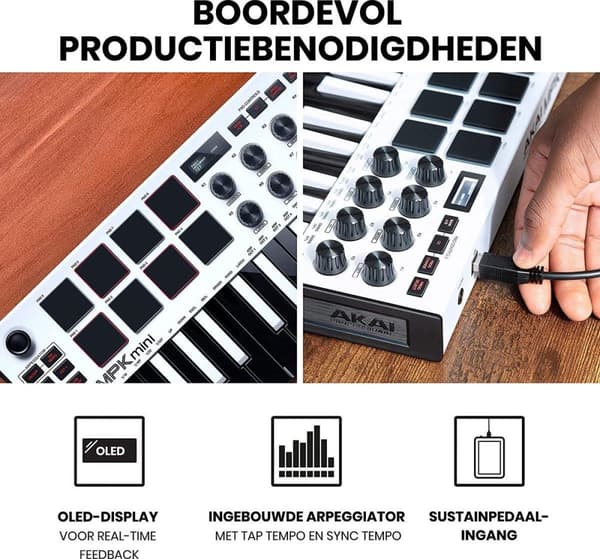 AKAI Professional MPK Mini MKIII - 25-näppäinen USB MIDI -näppäimistöohjain, jossa on 8 valoisaa rumpulevyä, 8 kiertonuppia ja sisältää musiikin tuota
