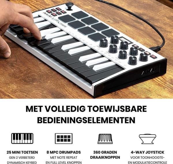 AKAI Professional MPK Mini MKIII - 25-näppäinen USB MIDI -näppäimistöohjain, jossa on 8 valoisaa rumpulevyä, 8 kiertonuppia ja sisältää musiikin tuota