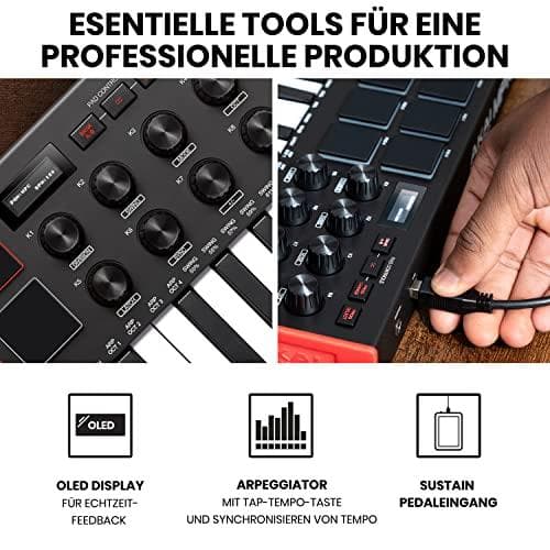 AKAI MPK Mini MK3 Control näppäimistö Pad-ohjain MIDI USB Musta, punainen