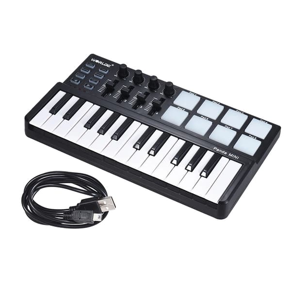 USB MIDI -näppäimistöohjain, 25 näppäintä, 8 taustavalaistua padia,musta
