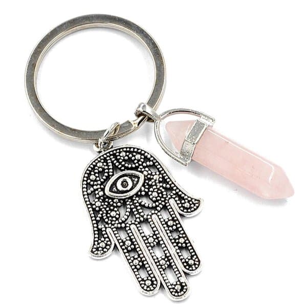 Nyckelring Rosenkvarts Hamsa Fatimas Hand Allseende Öga Symbol