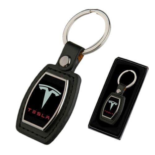 TESLA KEYRING BLACK PU LEATHER METAL CHROME KEY RING FOB