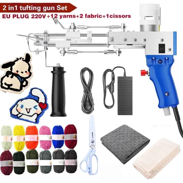 Tufting Gun, 2 i 1 sæt, Elektrisk Tæppe tapis Strikning, EU -stik 220V sæt