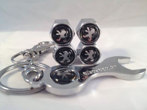 PEUGEOT CHROME STEEL Tyre Wheel Dust Valve Caps Spanner Keyring 206 207 307 306