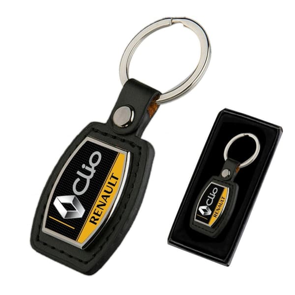 RENAULT CLIO BLACK PU LEATHER METAL CHROME KEY RING FOB