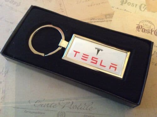 Chrome Keyring In Box Oblong With Printed TESLA