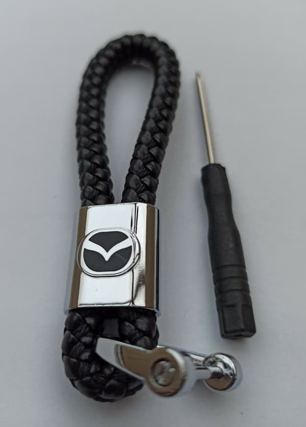 Mazda 2022 Black Braided Leather Metal Keyring Key Chain Fob Car Logo Gift