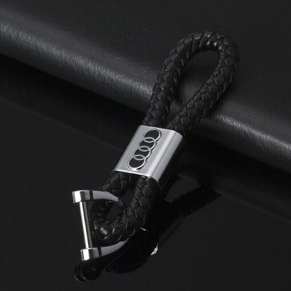 Audi Luxury Black Braided Leather Metal Keyring key Chain fob Car Logo Gift 12CM