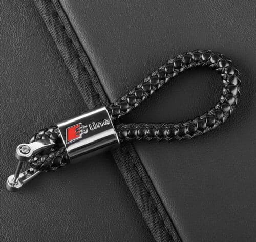 S Line Black Braided Leather Chrome Metal Keyring Key Chain Gift Audi