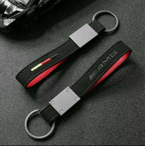 MERCEDES AMG SUEDE ALCANTRA KEYRING BLACK RED KEY CHAIN KEY FOB