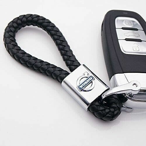 Volvo 2023 Black Braided Leather Metal Keyring Key Chain Fob Car Logo Gift