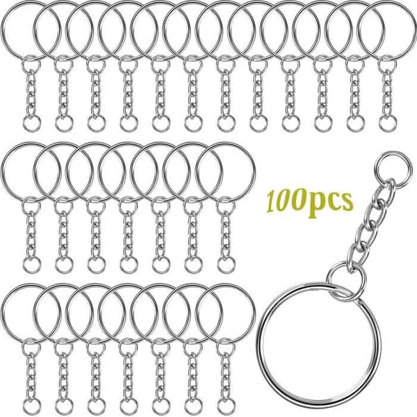 100 delar Nyckelring med kedja, 25 mm nyckelring med kedja Clip Jump Ring - Silver