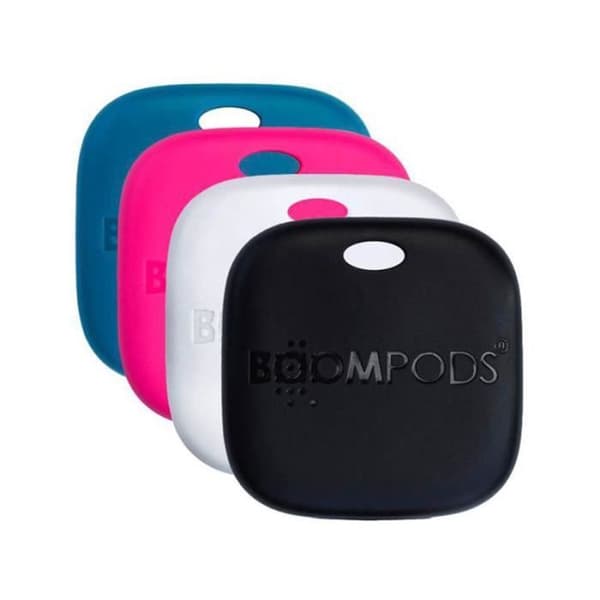 Set med 4 Airtag nyckelringar Modell Boomtag med Apple Find My IPX7 uppladdningsbara Boompods i flerfärgade.