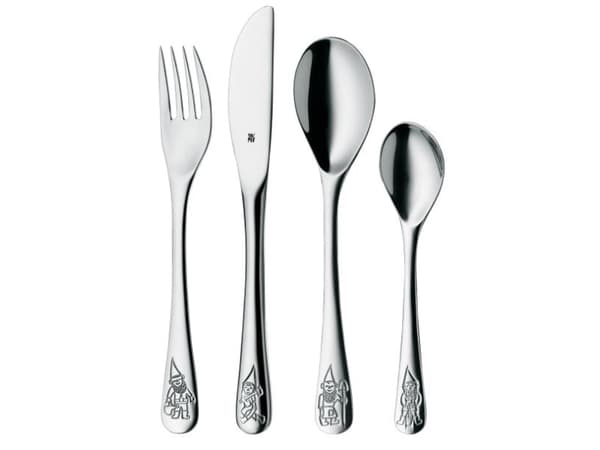 WMF children Cutlery set 4-pieces Zwerge Cromargan 18/10 stainless steel brushed suitable from 3 years with embossed designs, Bestickset för barn, Ro