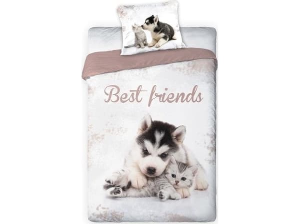 Hund og kat ''Best Friends'' Sengetøj 140x200 cm - 100 procent bomuld