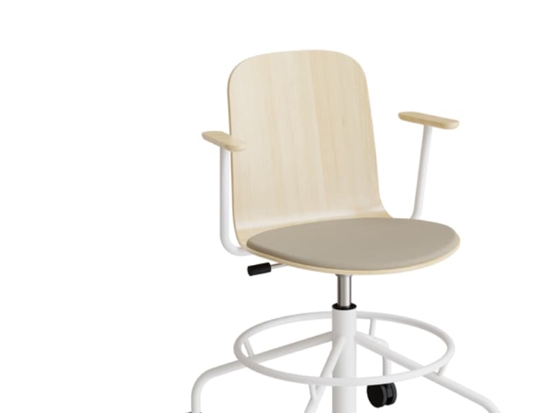Stol ADD 5903, Fotstöd, hjul och armstöd, Björklaminat, Sits med beigefärgad textil, Vit ram