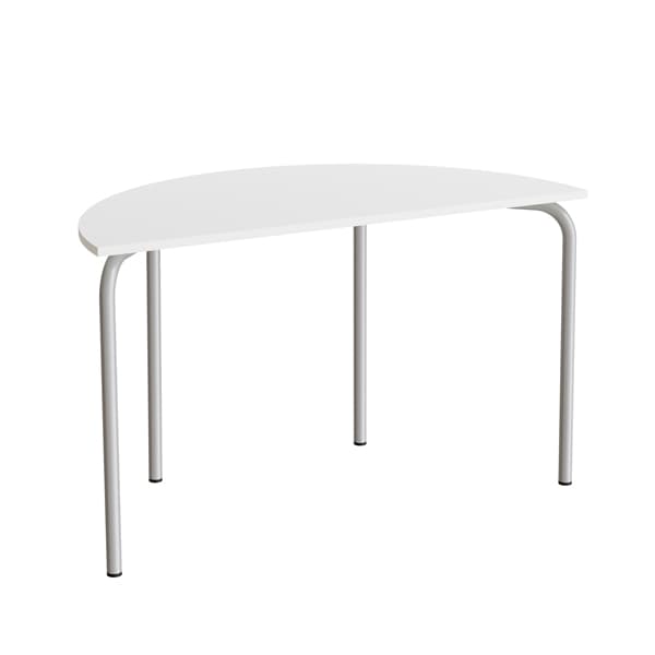 Bord Jerka 324, Halvrunt 1200x600 mm, Ljudabsorberande vit laminat, aluminiumgrått stativ