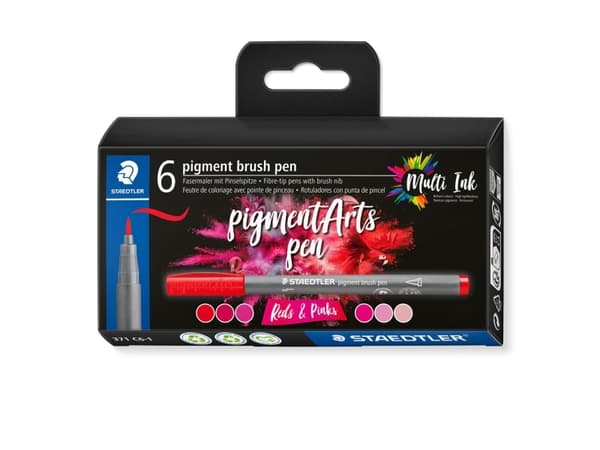 Staedtler Pigment Arts Brush Pen Reds & Pinks, 6 farger, Rosa, Rød, Rund, Plast, Polypropylen (PP), Vann-basert blekk, Barn og voksne