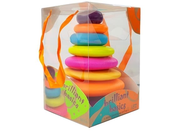 A pyramid of colorful hoops for a baby
