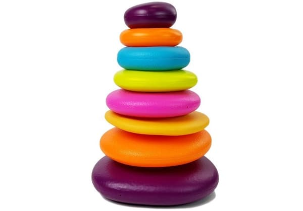 A pyramid of colorful hoops for a baby