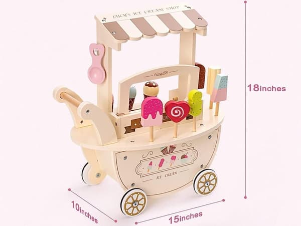 Isbutik i træ med hjul til børn 3+, isvognslegetøj og tilbehør i træ
