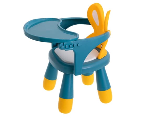 Stol, bord til fodring og leg, gul og blå