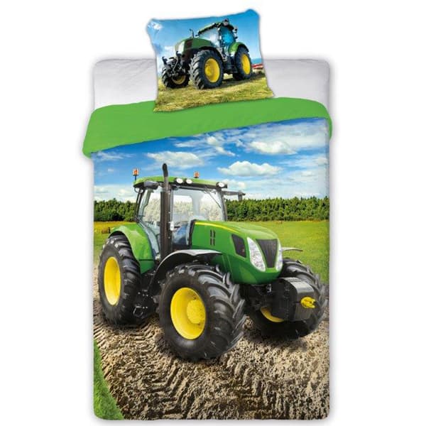 Bomuld sengetøj 160x200+1p70x80 Grøn traktor