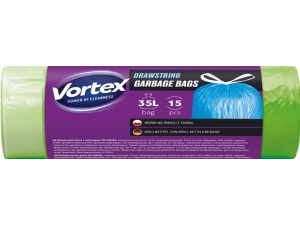 Bags Garbag Vortexdrawstr Gren 35L 15Pc