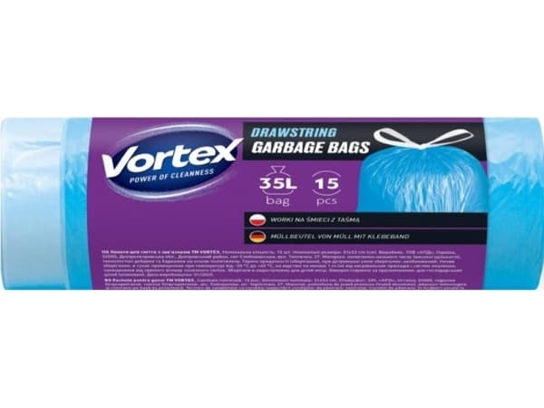 Bags Garbag Vortexdrawstr Blu 35L 15Pcs