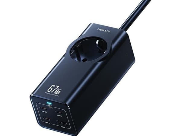 Usams USAMS strømskinne 67W 3x USB-C + USB Hurtiglading-forlengelseskabel EU svart/svart CC225TC01 (US-CC225)