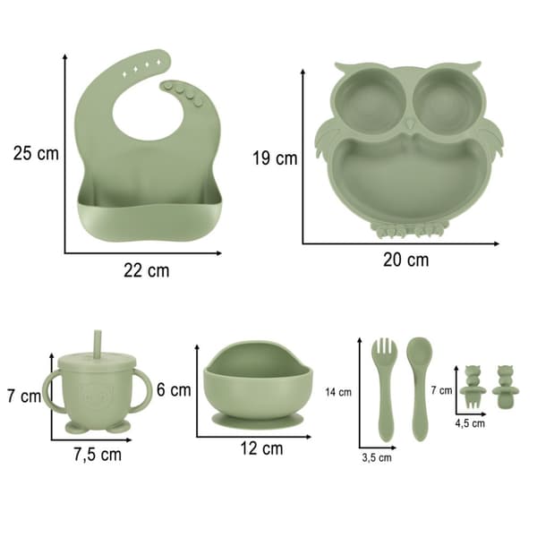 Silikonfat för barn, set med 8 element, uggla, militärgrön