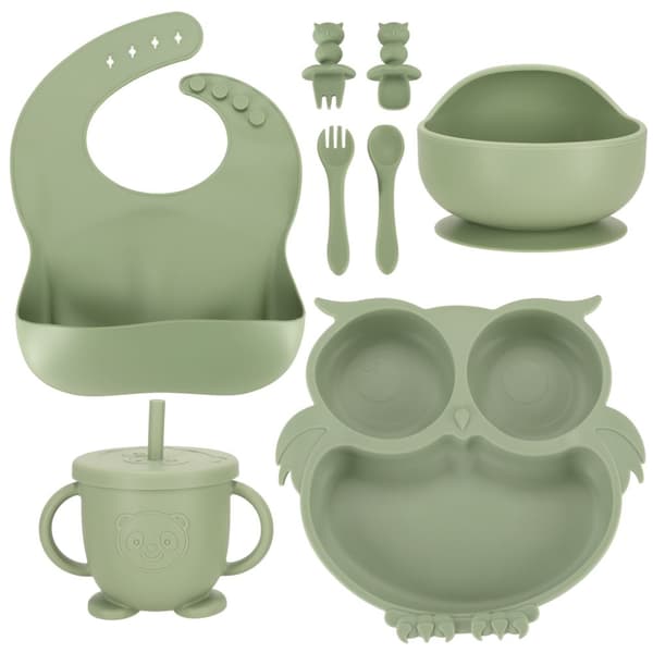 Silikonfat för barn, set med 8 element, uggla, militärgrön