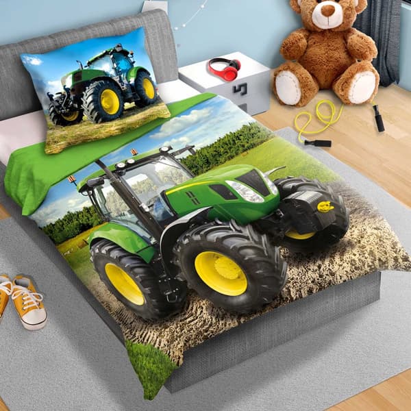 Sängkläder i bomull 140x200+1p70x90 Grön traktor