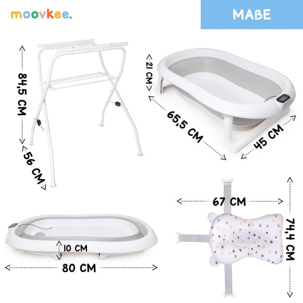 Moovke. Amme rungolla 80cm harmaa - kokoontaitettava kylpyamme lämpömittarilla ja kylpytyynyllä