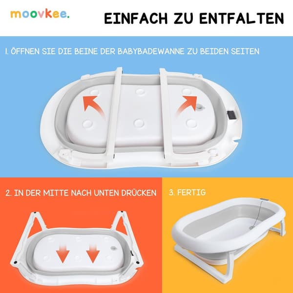 Moovke. Hopfällbart babybadkar med termometer och grå badkudde