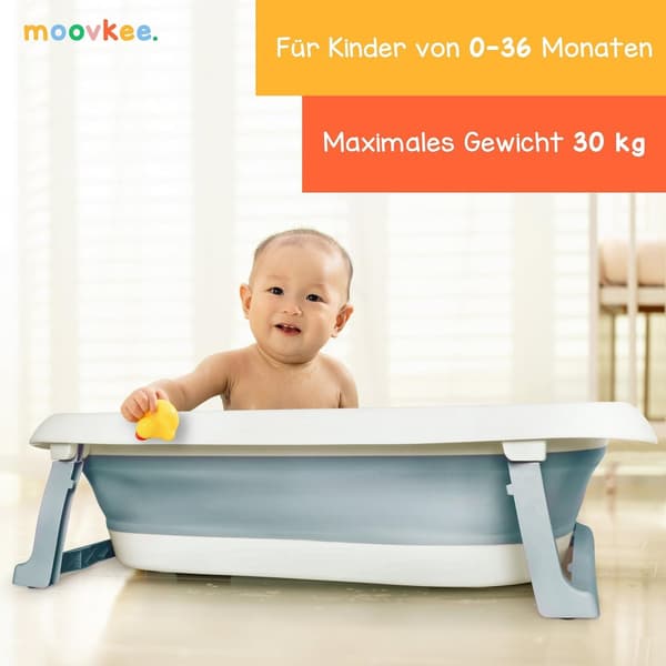 Moovke. Hopfällbart babybadkar med termometer och blå badkudde