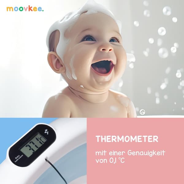 Moovke. Hopfällbart babybadkar med termometer och blå badkudde