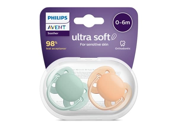 Philips AVENT ultra soft SCF091/03 nappattrapp, Ultramjuk napp, Ortodontisk, Silikon, Pojke/flicka, Tål diskmaskin