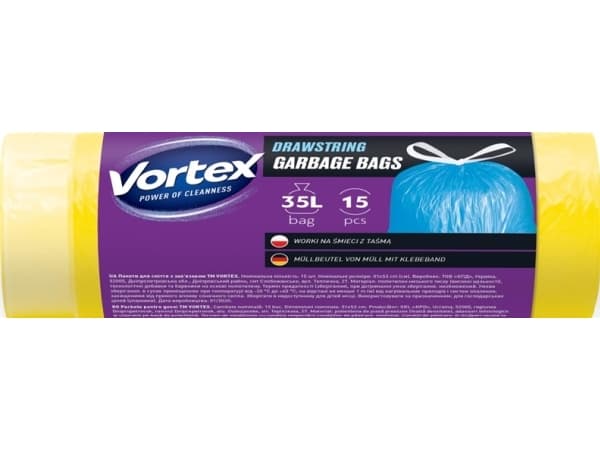 BAGS GARBAG VORTEXDRAWSTR YELO 35L 15PC