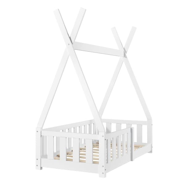 [en.casa]® Barnsäng Tipitält Helsingborg med sängskydd-148x76x165cm-furu-matt vit