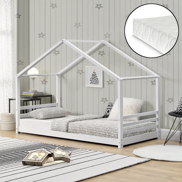 [en.casa]® Børneseng "Hus" inkl. antiallergisk madras - 200x140cm - fyrretræ - hvid (matt)