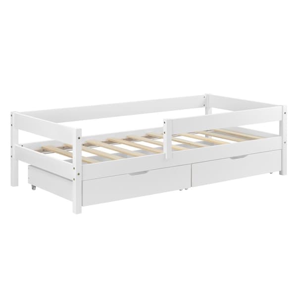 [en.casa]® Barn sängstomme Borgarnes inkl. ribbotten-200x90cm-furu-vit-max. belastning: 100 kg-med sängskydd-2 lådor