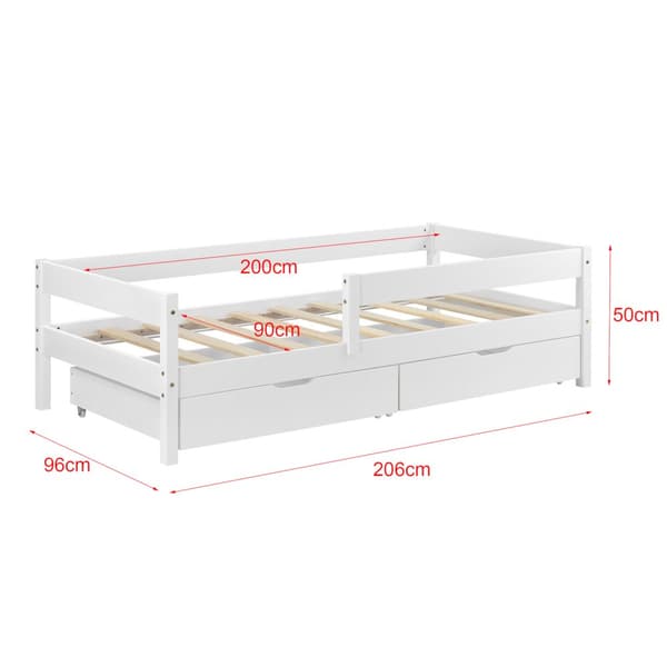 [en.casa]® Barn sängstomme Borgarnes inkl. ribbotten-200x90cm-furu-vit-max. belastning: 100 kg-med sängskydd-2 lådor