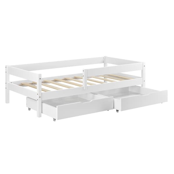 [en.casa]® Barn sängstomme Borgarnes inkl. ribbotten-200x90cm-furu-vit-max. belastning: 100 kg-med sängskydd-2 lådor