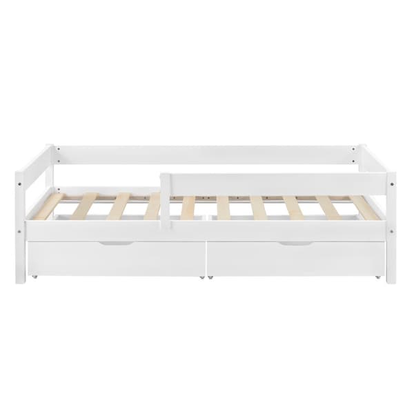 [en.casa]® Barn sängstomme Borgarnes inkl. ribbotten-200x90cm-furu-vit-max. belastning: 100 kg-med sängskydd-2 lådor